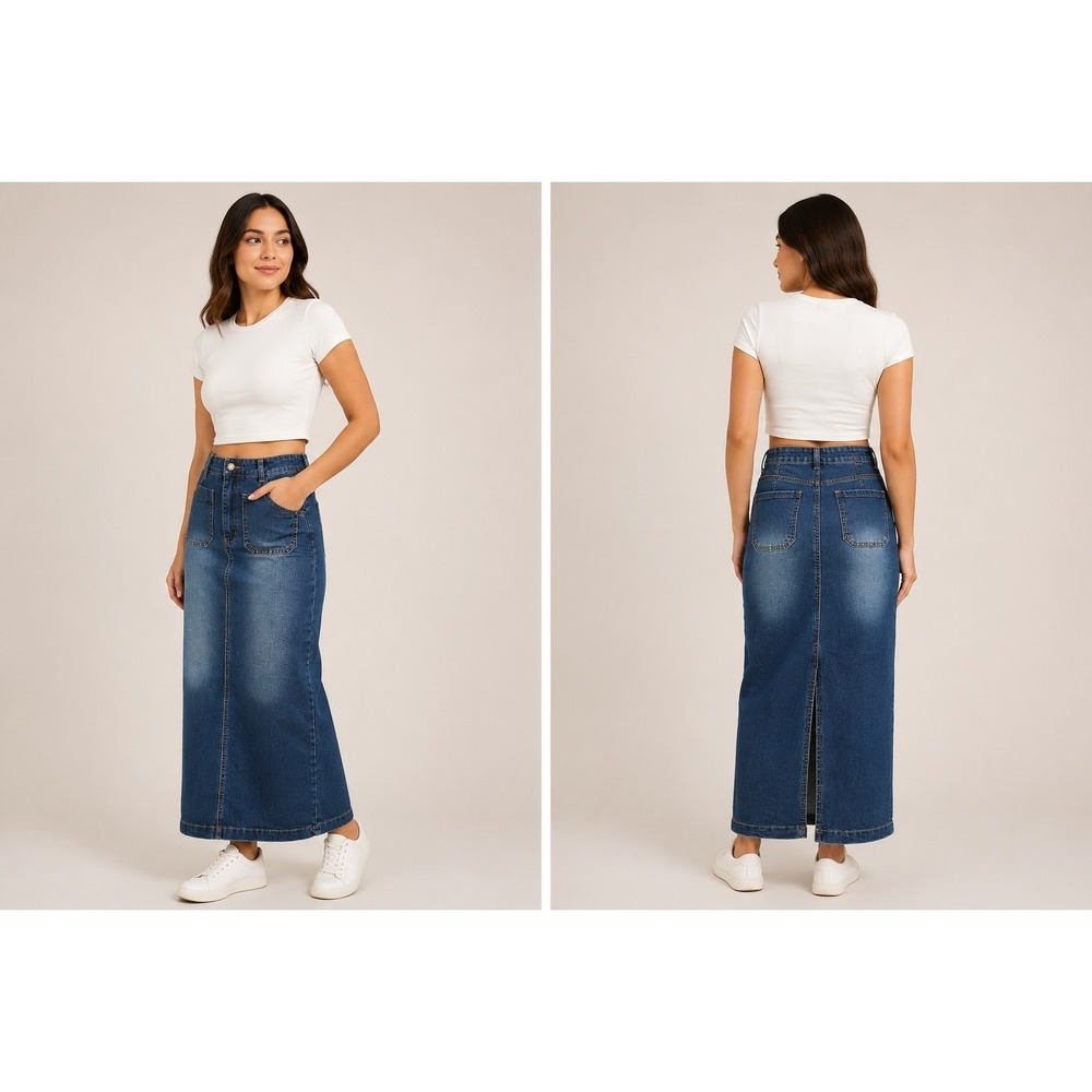 Women's‎ Denim Maxi Skirt Medium Blue Stretch Long Modest Jean Skirt Size M